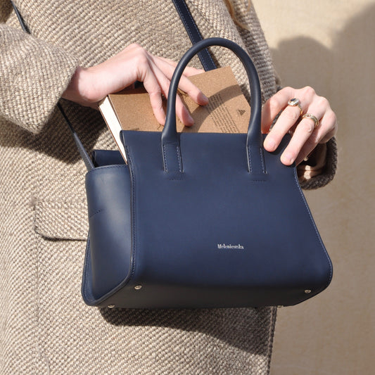 navy blue leather handbag